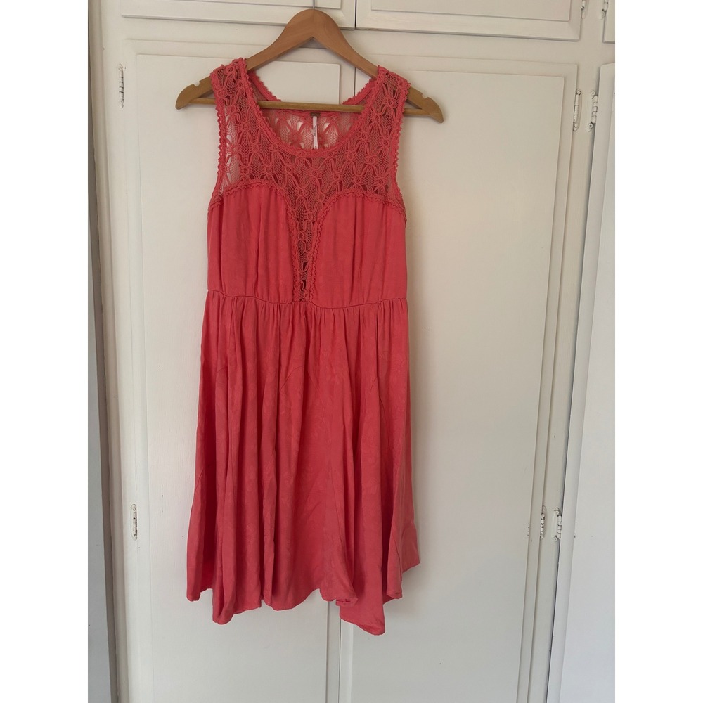 Free People Coral Pink Crochet Lace Boho Mini Dress Sleeveless Women Size M